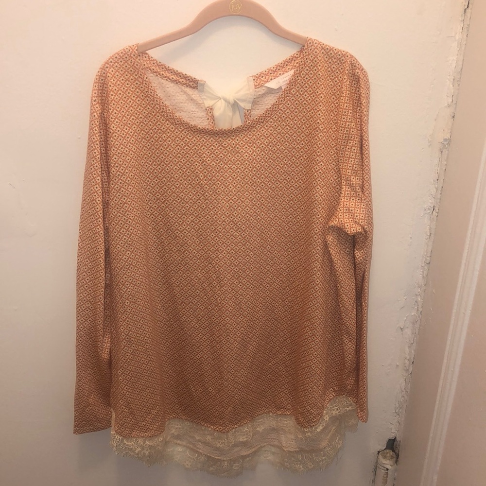 Lauren Conrad long sleeved coral shirt w/lace trim